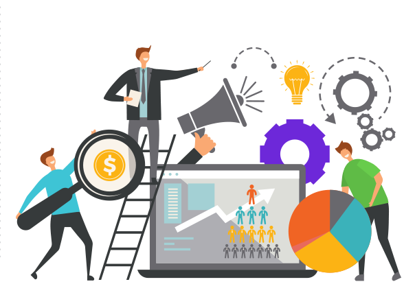 Illustration of people analyzing data and charts, with icons of gears, a lightbulb, a megaphone, a magnifying glass with a dollar sign, and a laptop displaying graphs and figures, symbolizing business planning and teamwork.