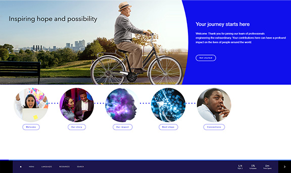 An elderly man rides a bicycle in a park with a cityscape in the background. The text reads Inspiring hope and possibility and Your journey starts here, with icons and images representing a five-step process.