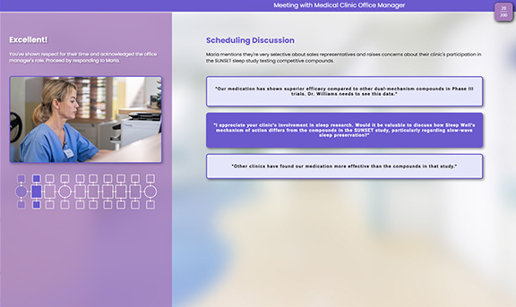 A woman in scrubs sits at a desk using a computer. On the right, text titled Scheduling Discussion displays comments inside grey boxes. The background uses shades of purple and light blue, with navigation buttons at the top right.