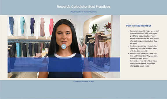 A woman stands in a clothing store, speaking in a video about rewards calculator best practices. To her right, text titled Points to Remember lists important reminders related to rewards and purchases. Mannequins are in the background.