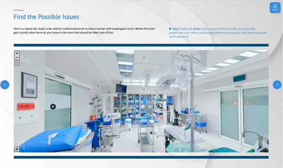 A modern hospital room with medical beds, equipment, monitors, and bright overhead lights, prepared for patient treatment. Blue and white colors dominate the clean, organized space.