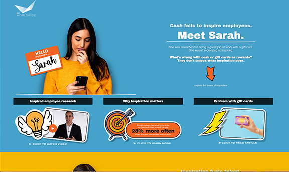 A woman in an orange sweater looks at her phone against a yellow background. Text beside her reads, Meet Sarah. Graphics and text below discuss employee rewards, research, and the limitations of gift cards.
