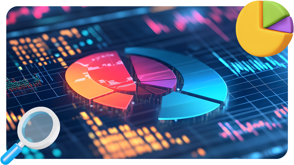 A digital graphic shows a colorful 3D pie chart with various segments, overlaid on a data dashboard with graphs. A magnifying glass and a small pie chart icon are also visible in the image.
