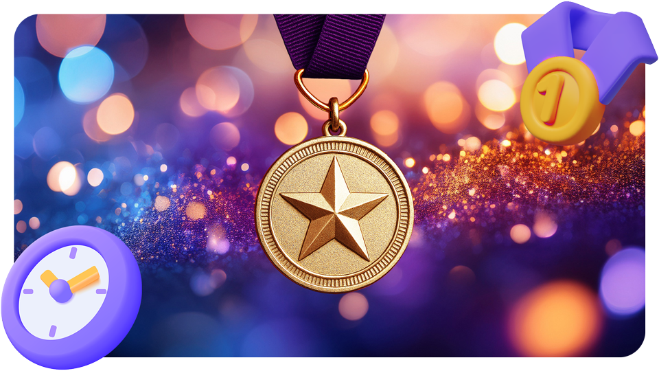 A gold medal with a star hangs from a purple ribbon, surrounded by colorful, glowing bokeh lights, a yellow medal icon, and a stopwatch icon on a blurred background.