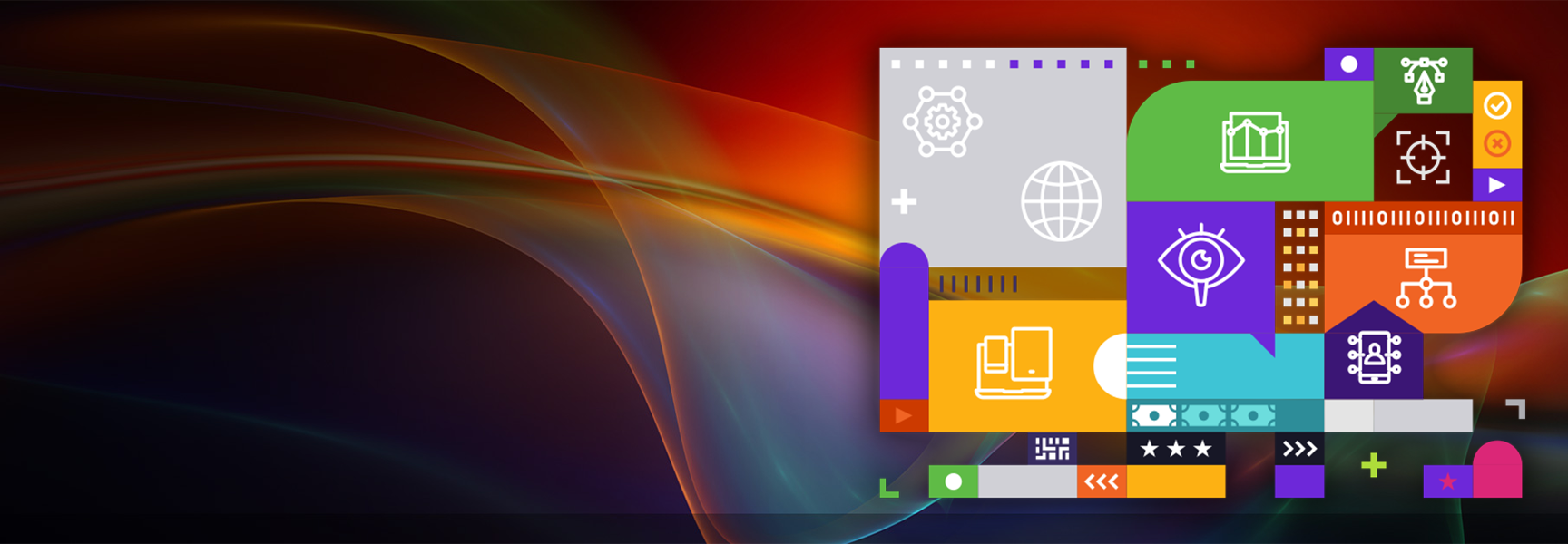 Abstract digital background with colorful geometric shapes, icons related to technology and AI, and flowing multicolored light streaks on a dark gradient backdrop.