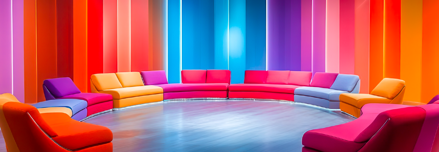 A circular arrangement of colorful sofas in shades of pink, orange, yellow, purple, and blue sits in a modern room with vertical, multicolored panel walls and a light wooden floor.
