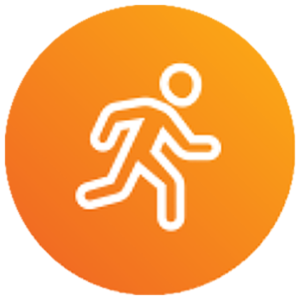 A white outline of a running person icon inside an orange circular background.