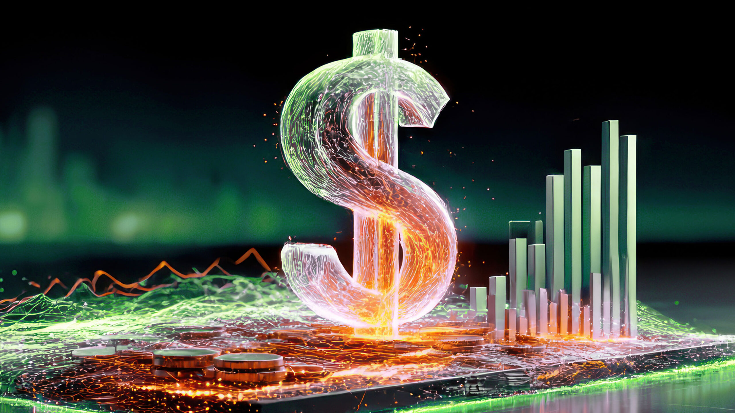 A glowing, transparent dollar sign stands amid digital coins and 3D bar graphs, surrounded by colorful, dynamic data lines on a futuristic, tech-inspired landscape.
