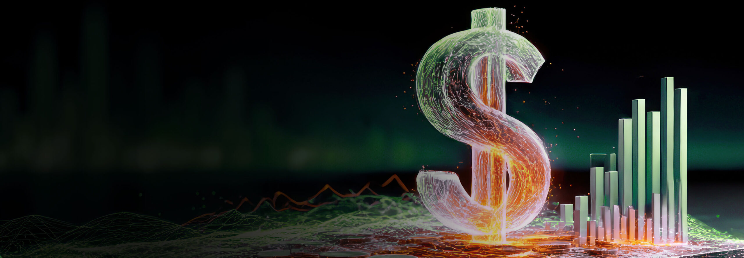 A large, glowing dollar sign stands next to rising bar graphs, symbolizing financial growth and success, with a dark, blurred background.