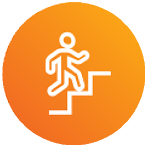 A white icon of a person walking up stairs, centered on an orange circular background.