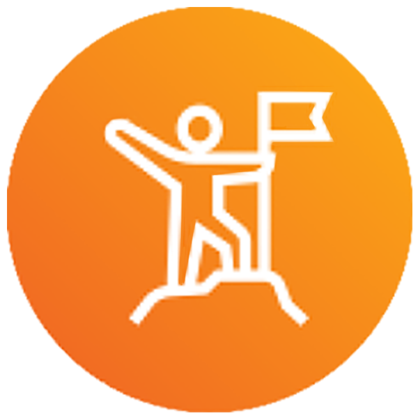 A simple white icon of a person standing on a hilltop holding a flag, symbolizing achievement or success, on an orange circular background.
