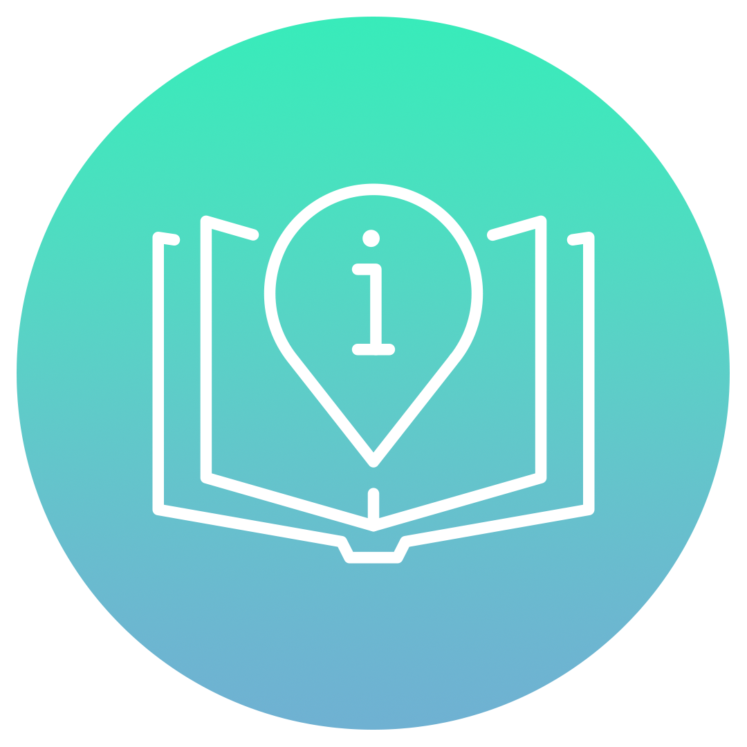 A white outline of an open book with an information symbol inside a map pin, set against a green-to-blue gradient circular background.