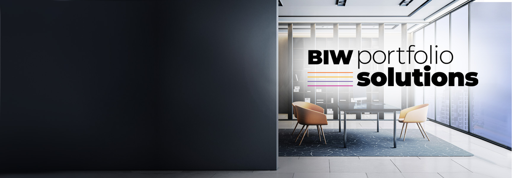Modern office with two chairs and a table near large windows; text on wall reads “BIW portfolio solutions” with colorful lines underneath “portfolio.”.