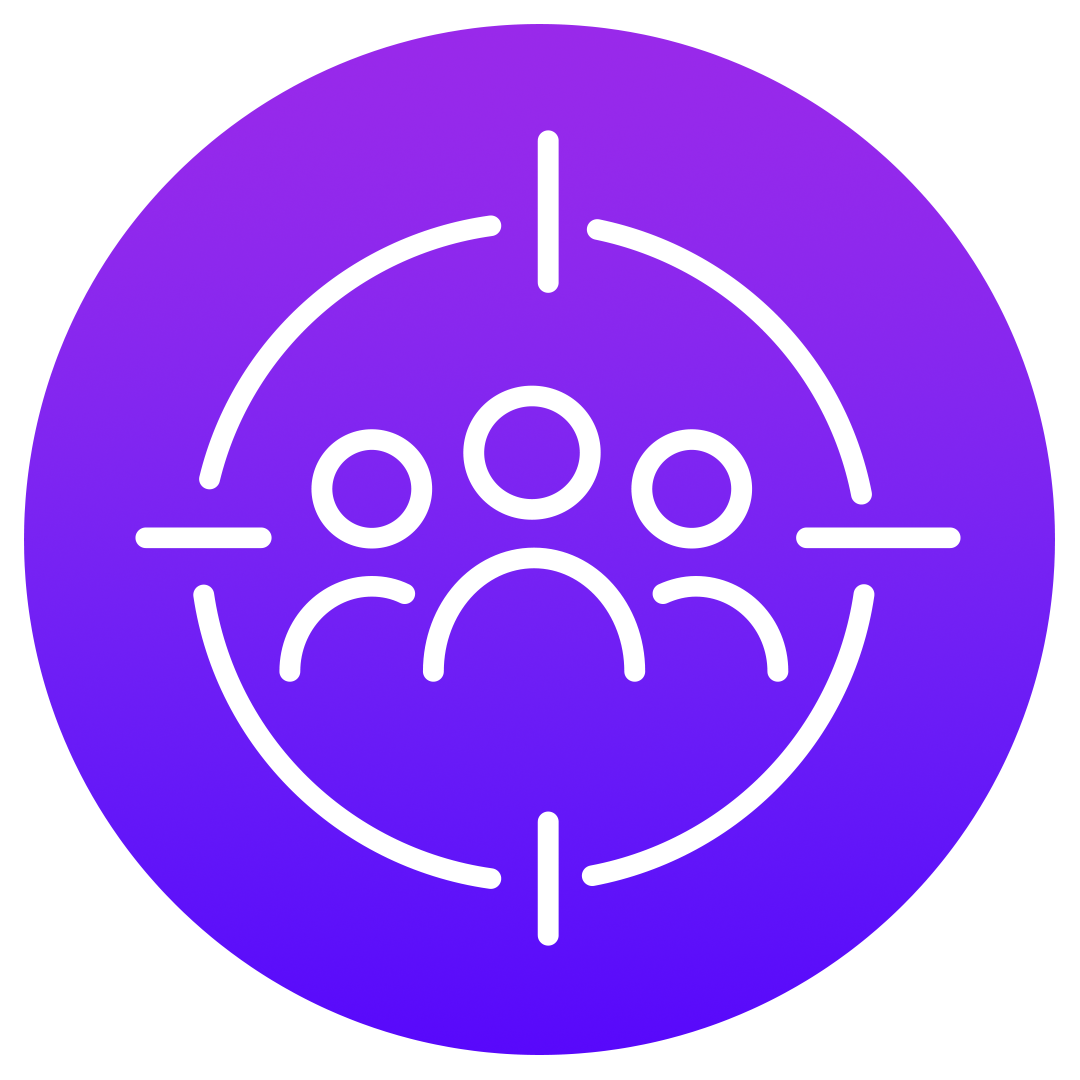 White outline of three people inside a crosshair symbol, centered on a purple circular background, representing a target audience or focus group concept.