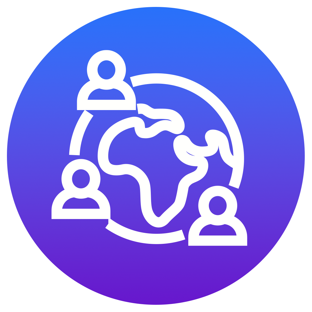 A white globe with outlines of three people around it, set against a blue to purple gradient circle background, representing global connection or communication.