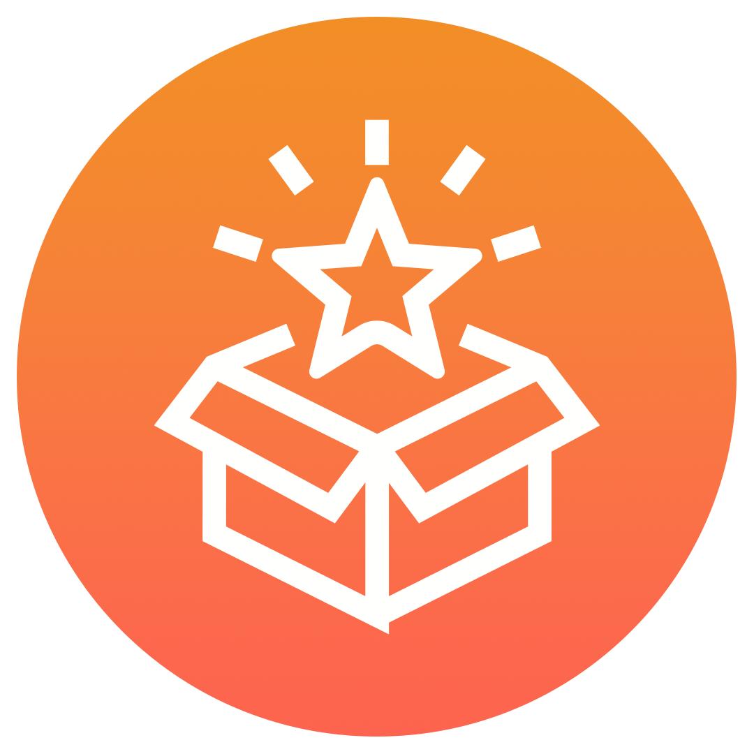 A white outline of an open box with a star and rays above it, symbolizing surprise or new content, set against an orange gradient circular background.