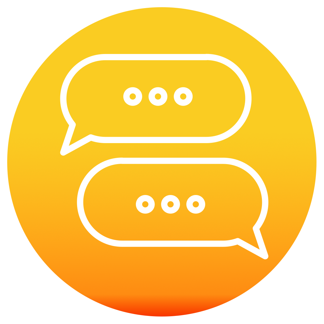 A yellow-orange circular icon with two white speech bubbles, each containing three dots, representing a chat or messaging concept.