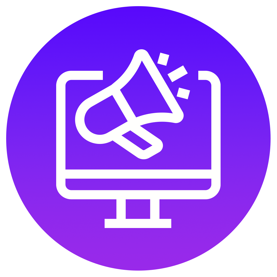 A white megaphone icon appears on a computer screen outline, set against a circular purple gradient background. The image suggests online announcements or digital marketing.