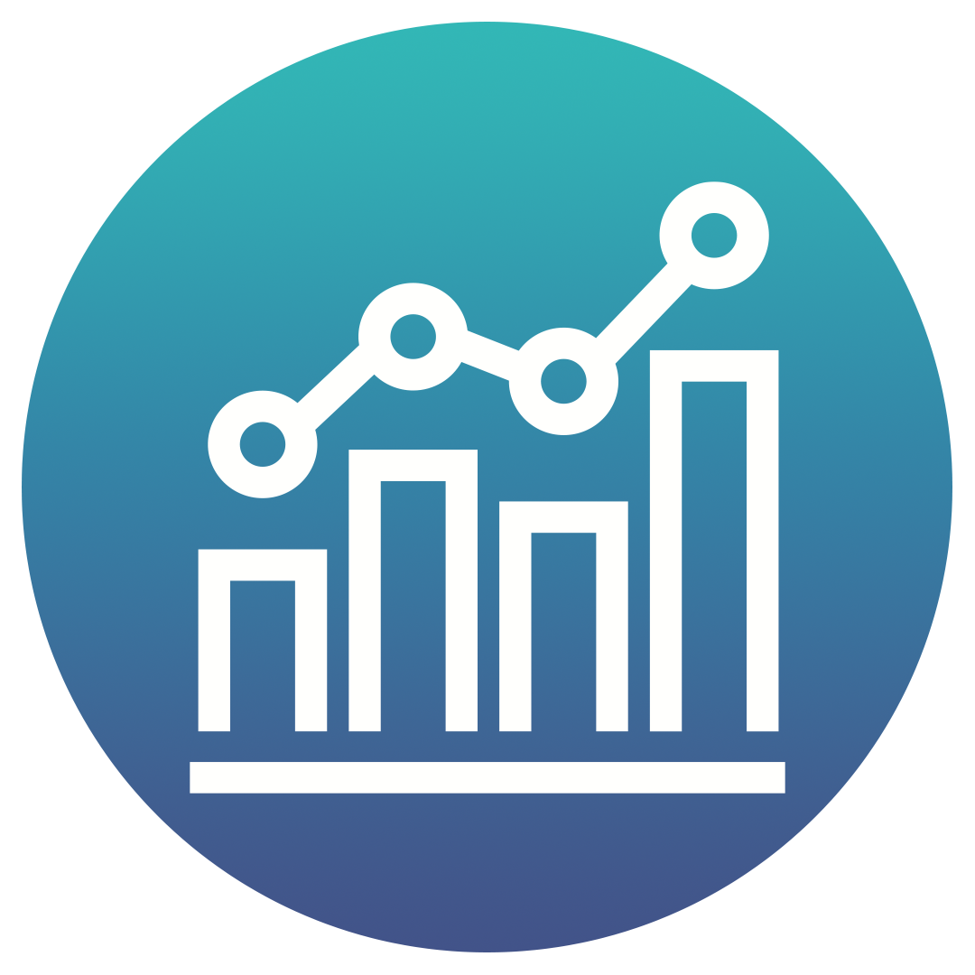 A blue circular icon with a white bar chart and a line graph overlay, representing data analysis or statistics.