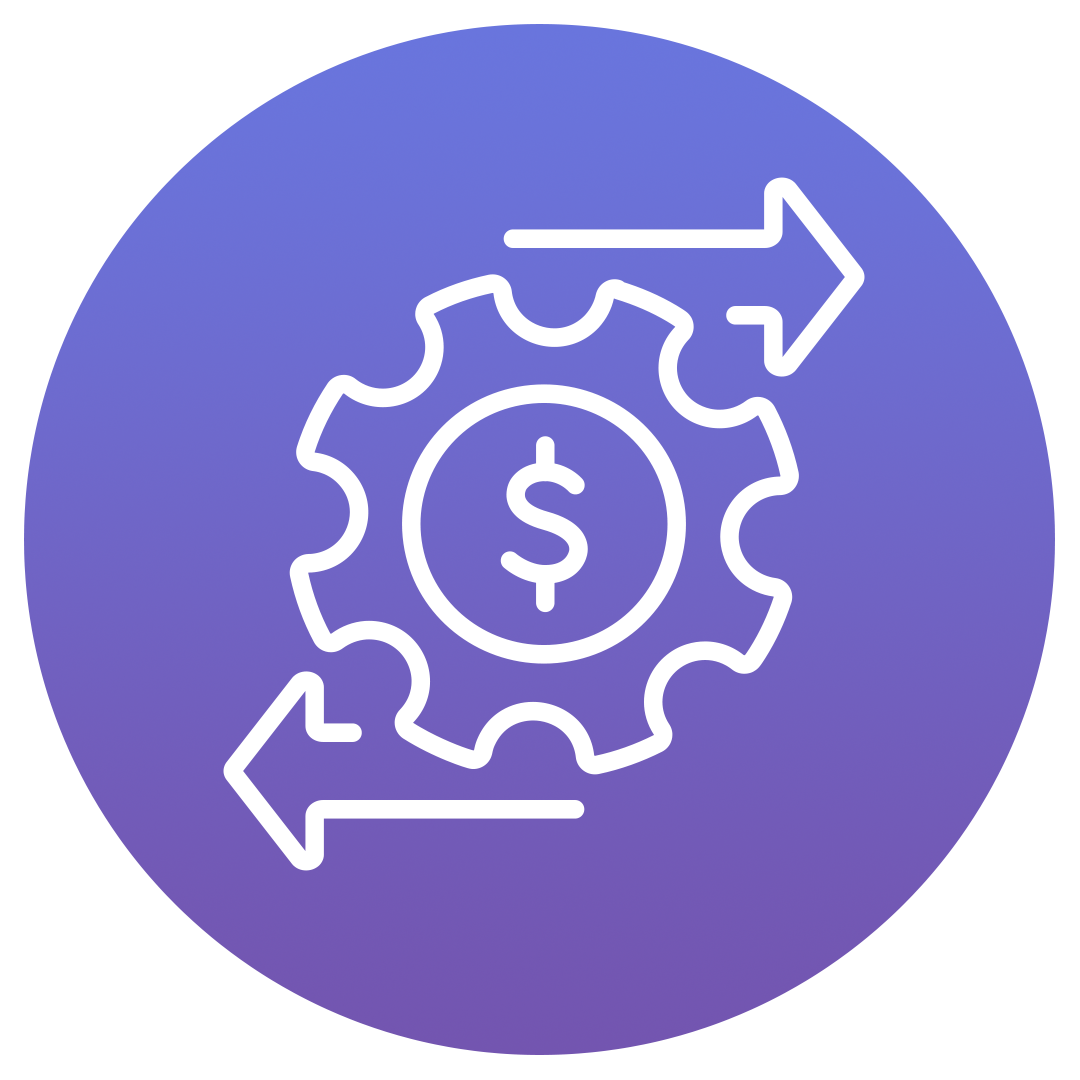 White gear with a dollar sign in the center, and two arrows pointing in opposite directions on a purple circular background, symbolizing financial process or money transfer.