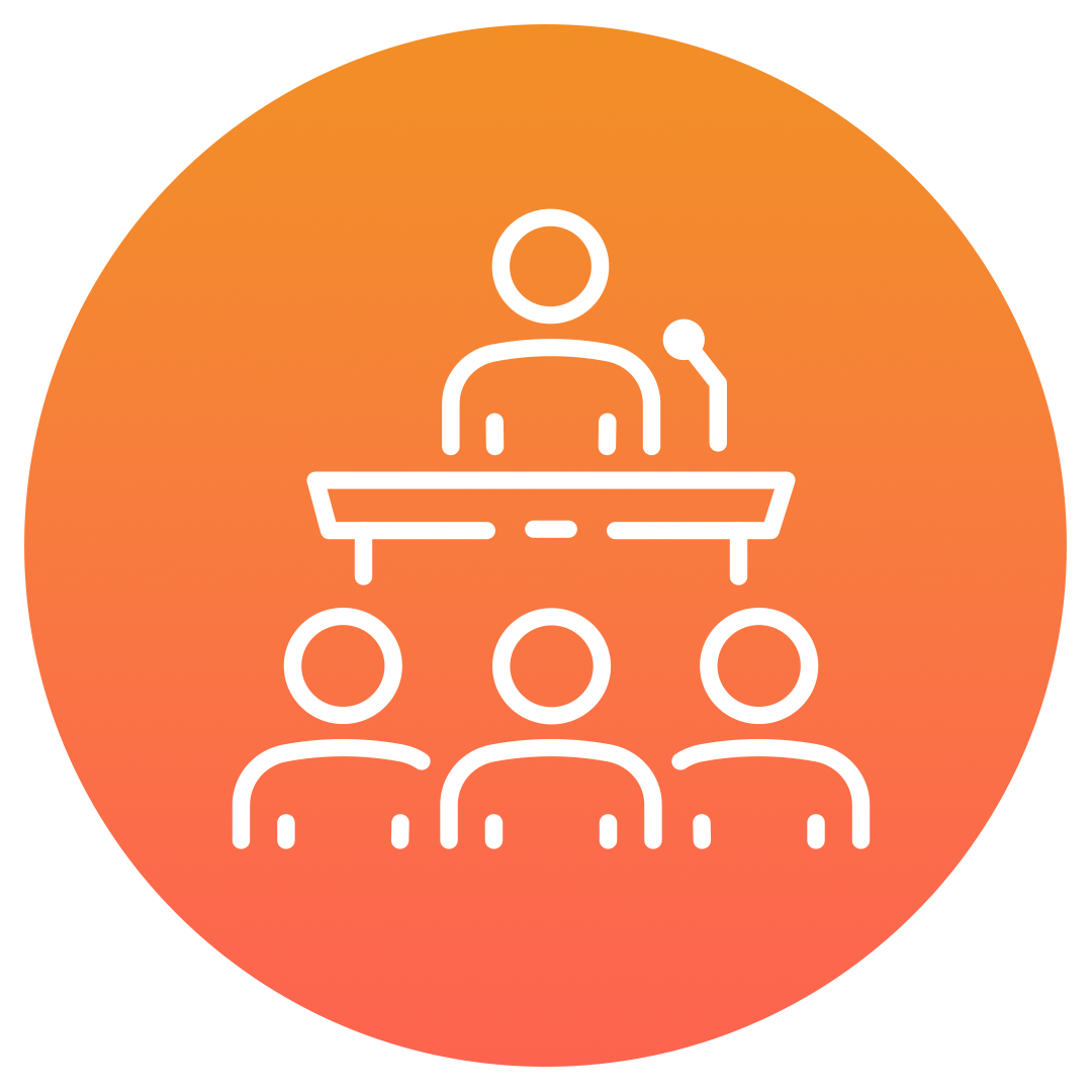 White line drawing of a person speaking at a podium with a microphone, facing three seated audience members, on an orange gradient circular background.