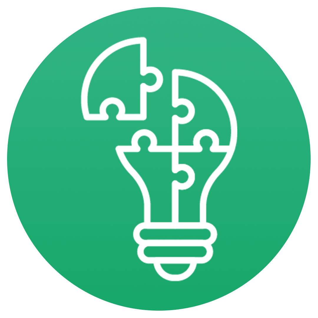 A white outline of a light bulb made from interlocking puzzle pieces is centered on a green circular background.