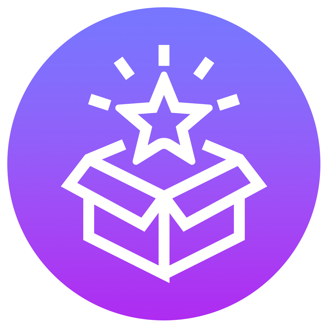 A white line drawing of an open box with a star emerging from it, surrounded by rays, set against a purple gradient circular background.