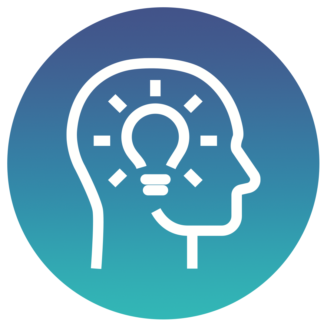 A white outline of a human head with a lightbulb inside, surrounded by rays, on a blue-to-teal gradient circular background, symbolizing ideas, creativity, or innovation.