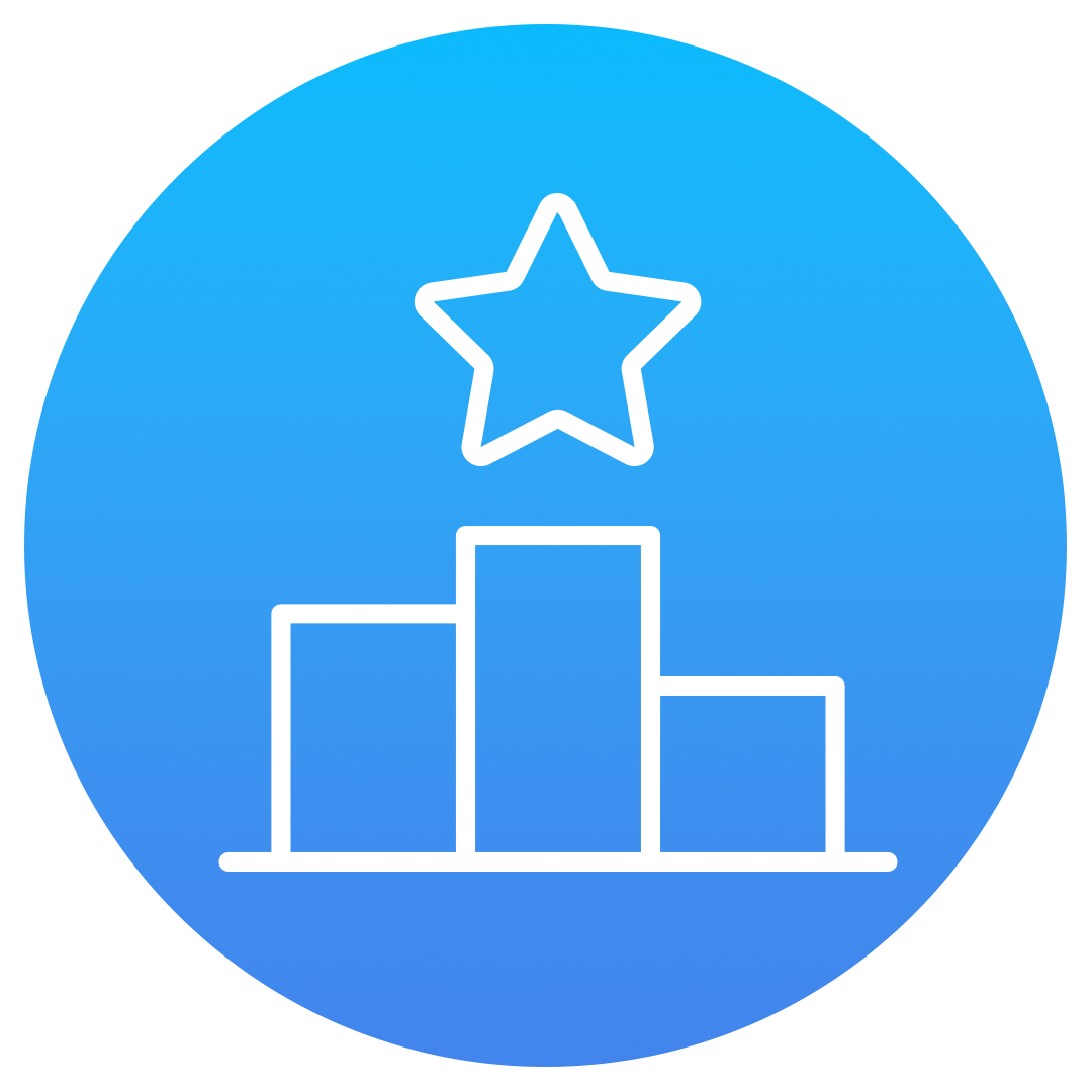A blue circle with a white outline of a podium and a star above the tallest center platform, representing achievement, ranking, or winning.