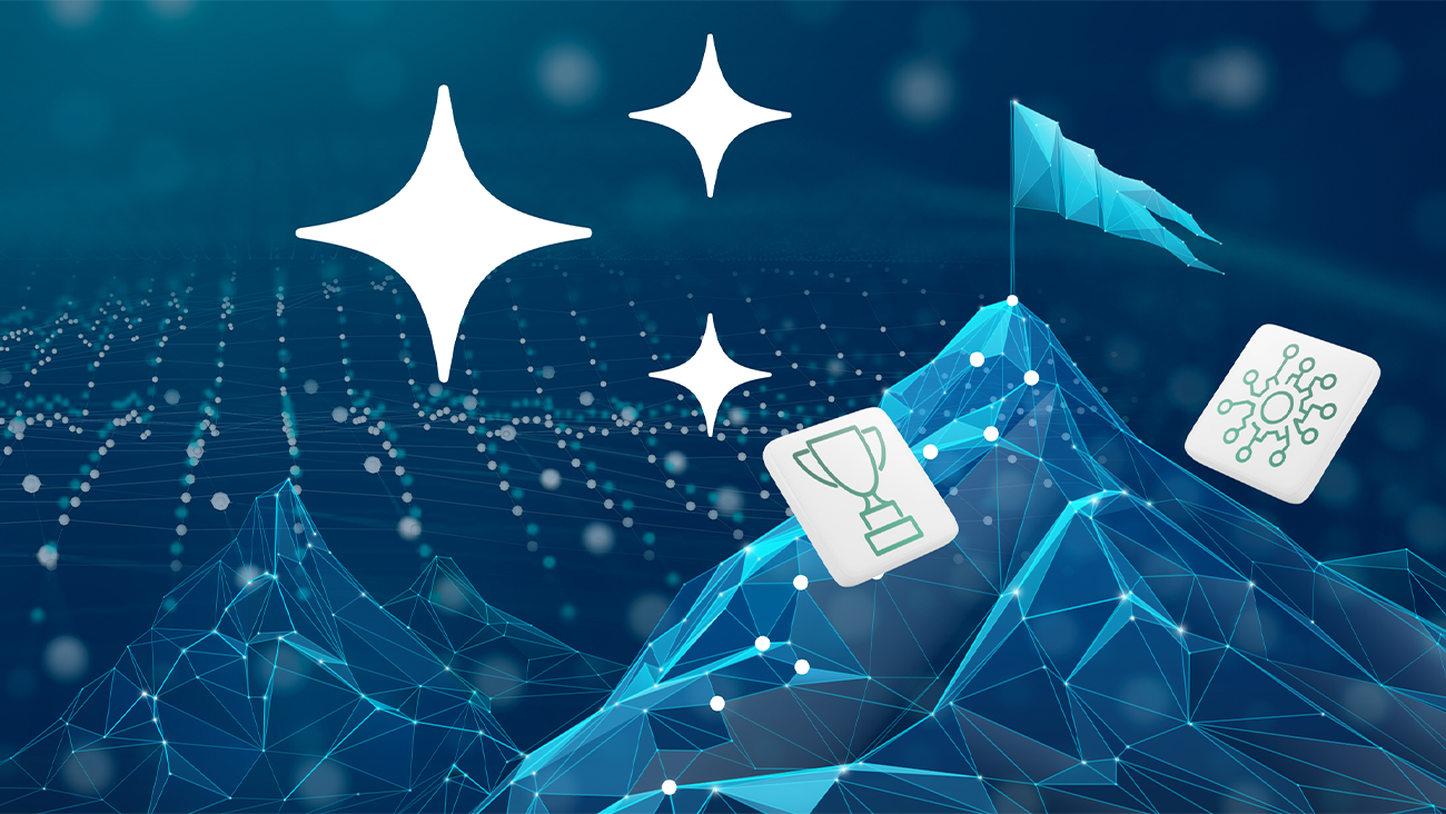 A digital illustration of blue polygonal mountains with a flag on the peak, sparkles in the sky, and icons of a trophy and a network node overlaid, symbolizing achievement and technology.