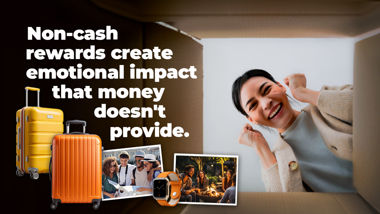 A smiling woman celebrates inside a box. Text reads, Non-cash rewards create emotional impact that money doesnt provide. Orange suitcases, photos of happy people, and a smartwatch are also shown.