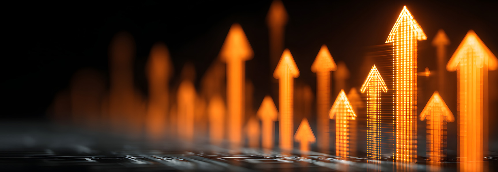 Multiple glowing orange arrows pointing upward, set against a dark background, symbolize growth and progress. The arrows appear digital, with some pixelated effects and reflections on a surface below.