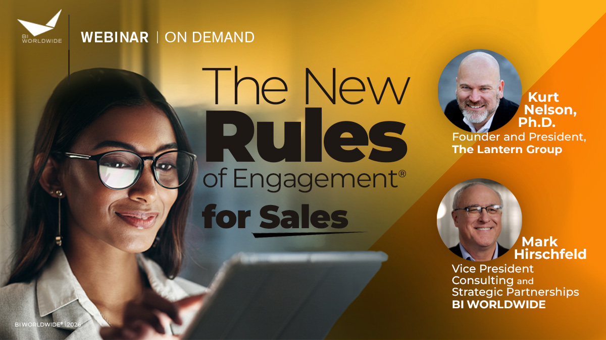 A woman with glasses looks at a tablet. Text: WEBINAR | ON DEMAND. The New Rules of Engagement for Sales. Photos of two men: Kurt Nelson, Ph.D., The Lantern Group, and Mark Hirschfeld, BI WORLDWIDE.