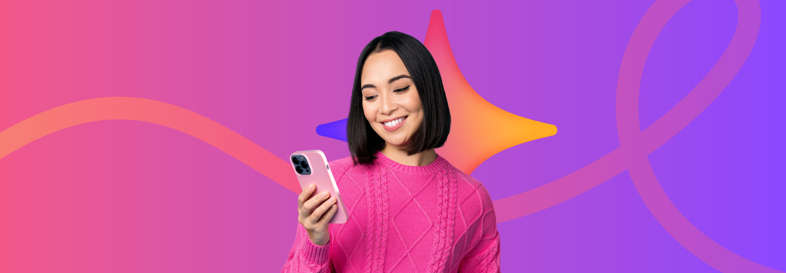 A woman with a bob haircut, wearing a bright pink sweater, smiles while looking at her smartphone. The background is a vibrant gradient with abstract shapes and a glowing star.