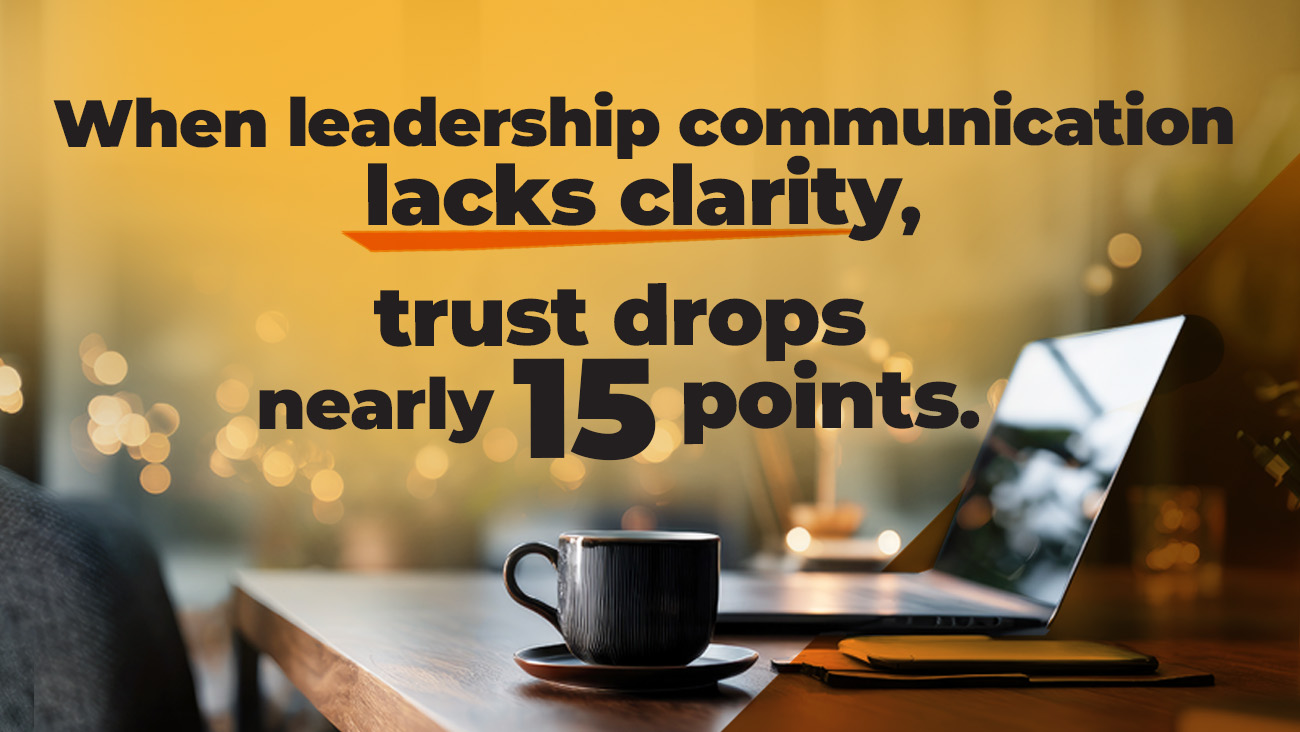 A coffee cup, saucer, and laptop sit on a wooden table in a warm-lit room. Overlaid text reads: When leadership communication lacks clarity, trust drops nearly 15 points.