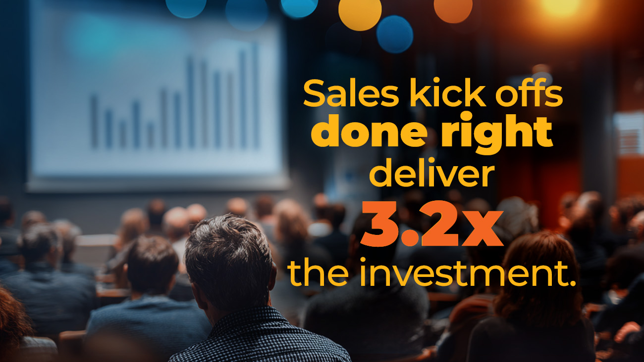 A blurred audience faces a screen displaying a bar graph, with text overlay: Sales kick offs done right deliver 3.2x the investment.