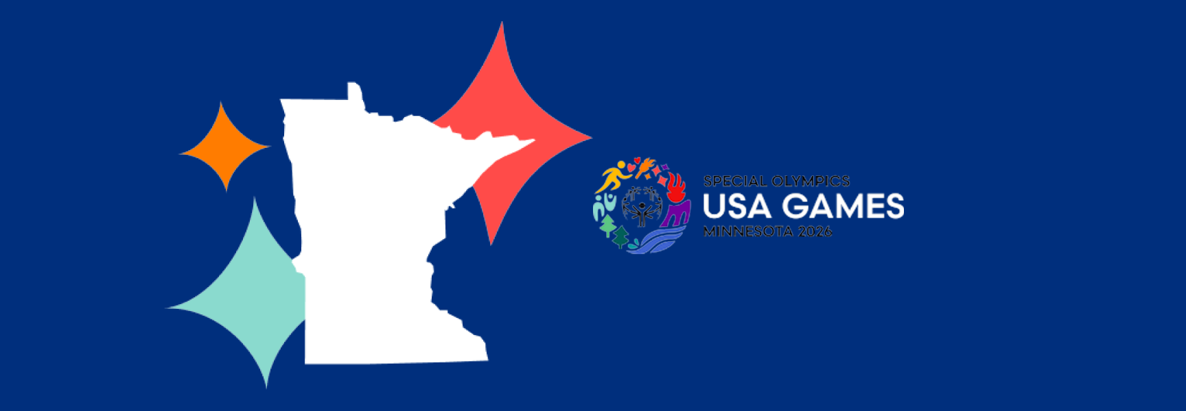 White silhouette of Minnesota with colorful star shapes, next to the Special Olympics USA Games Minnesota 2026 logo on a blue background.