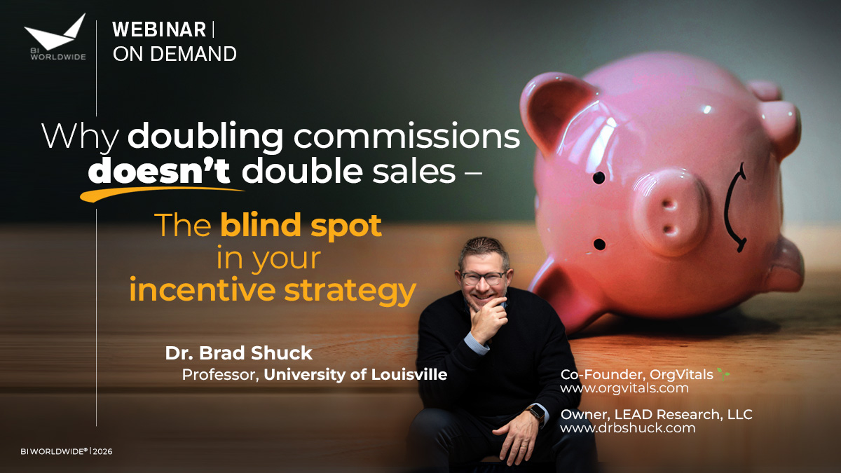 A promotional graphic for a webinar titled Why doubling commissions doesn’t double sales – The blind spot in your incentive strategy. It features a smiling man sitting and a pink piggy bank tipped over. Dr. Brad Shuck is listed as the speaker.