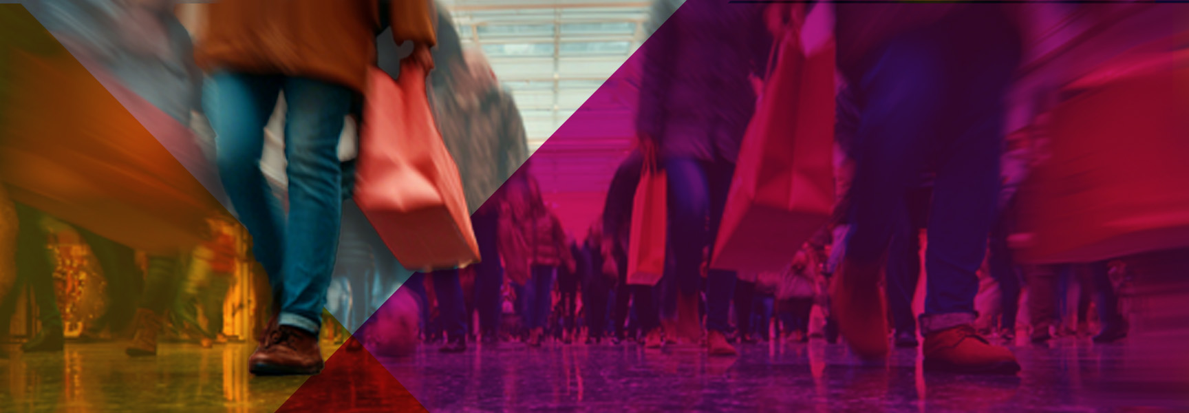 A blurred image of people walking indoors, many carrying shopping bags, with colorful geometric overlays in red and purple tones.