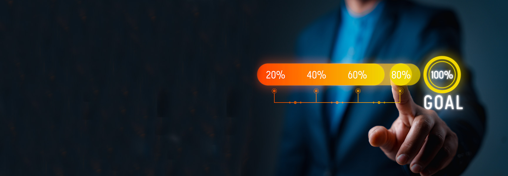 A person in a suit points to a glowing progress bar showing 20%, 40%, 60%, 80%, and 100% completion, with the word GOAL next to the 100% mark on a dark background.