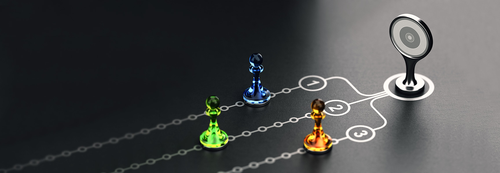 Three colored game pieces (green, blue, orange) stand on numbered paths leading toward a circular target symbol on a dark surface, representing progress or strategy.