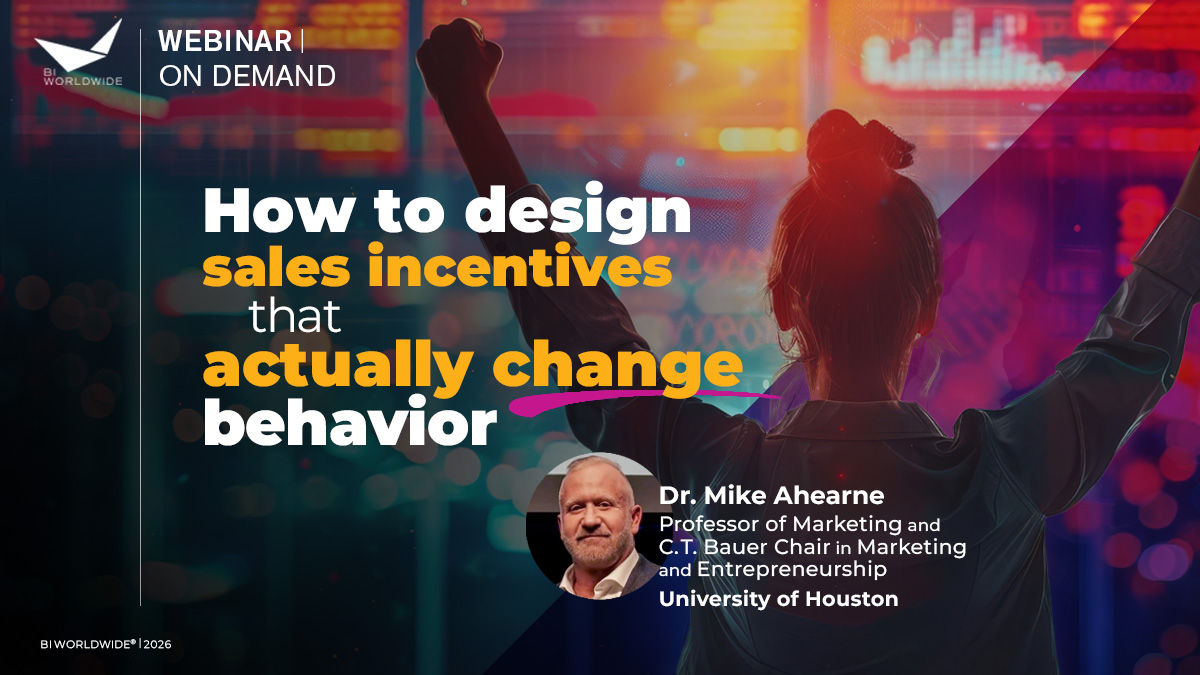 A person raises clenched fists in front of bright lights. Text promotes a webinar: How to design sales incentives that actually change behavior, featuring Dr. Mike Ahearne from the University of Houston.