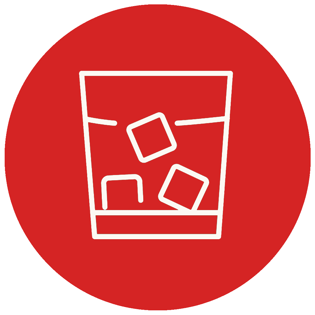 White line drawing of a glass with three ice cubes inside, centered on a solid red circular background.