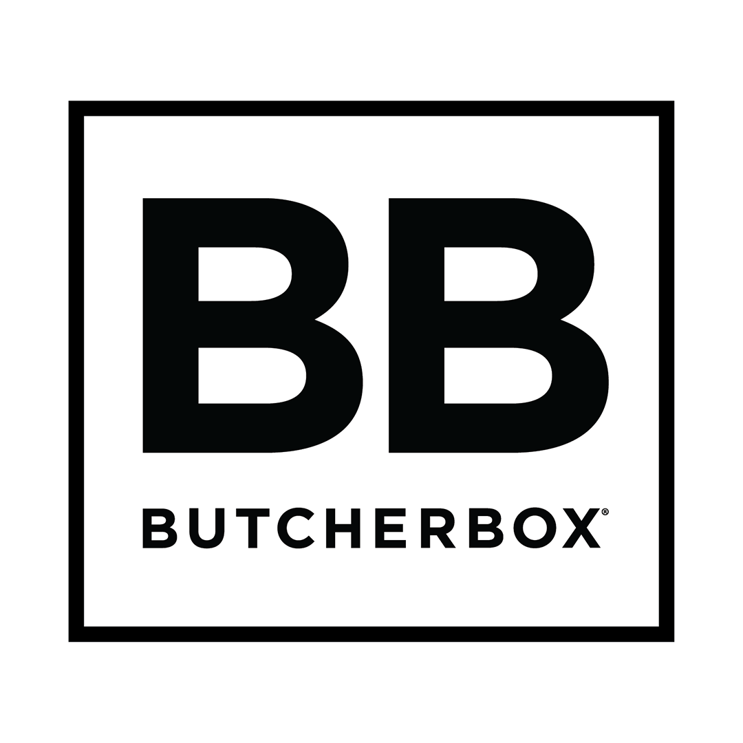 Black letters BB above the word BUTCHERBOX in bold, all-caps text, centered within a black outlined square on a white background.