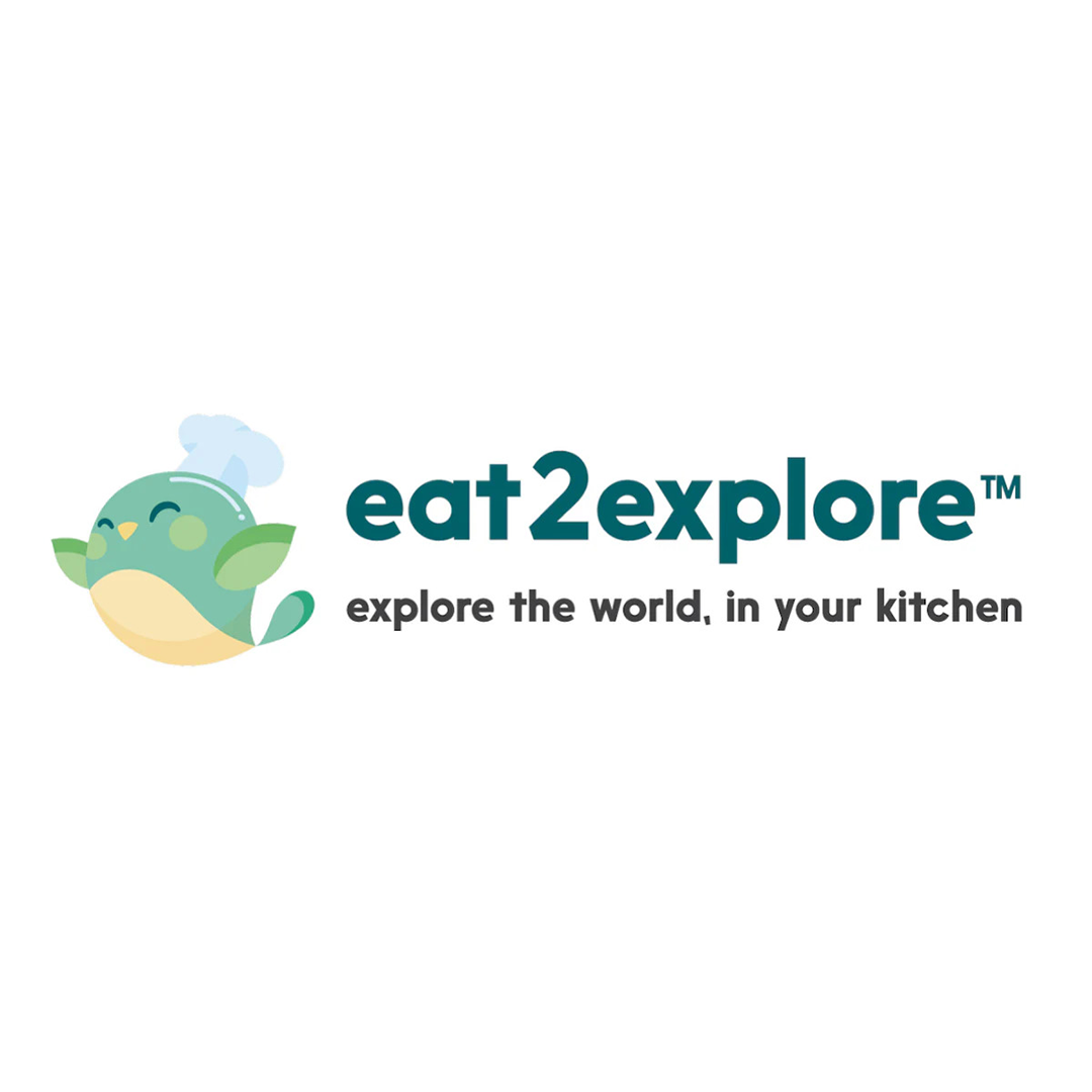 A green cartoon bird with a chefs hat is next to the text eat2explore™ and the tagline explore the world, in your kitchen on a white background.