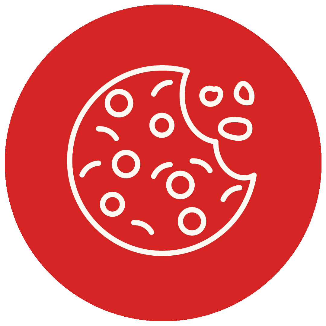 White outline of a bitten cookie with chocolate chips on a solid red circular background.
