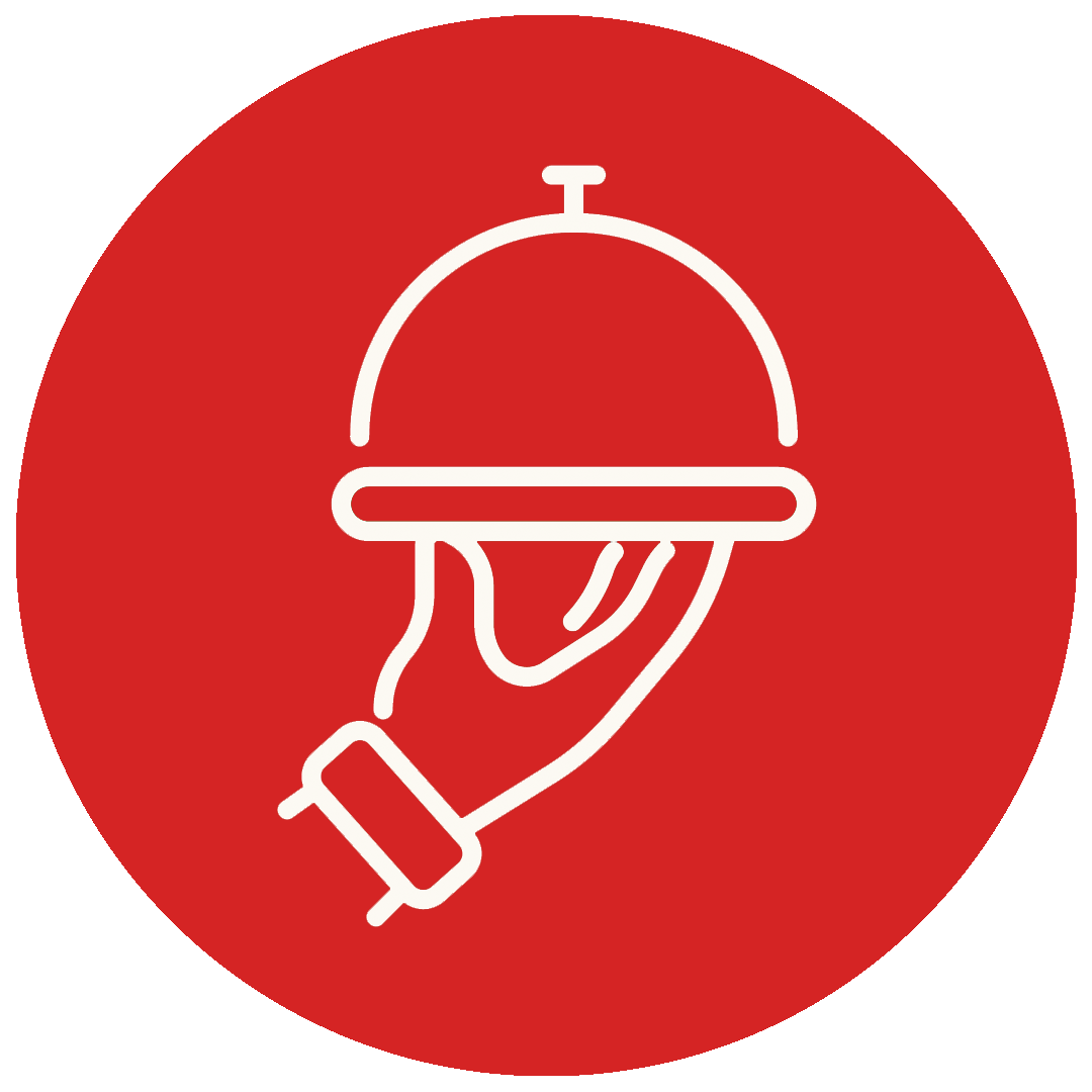 White outline of a hand holding a cloche food tray on a red circular background, symbolizing food service or hospitality.