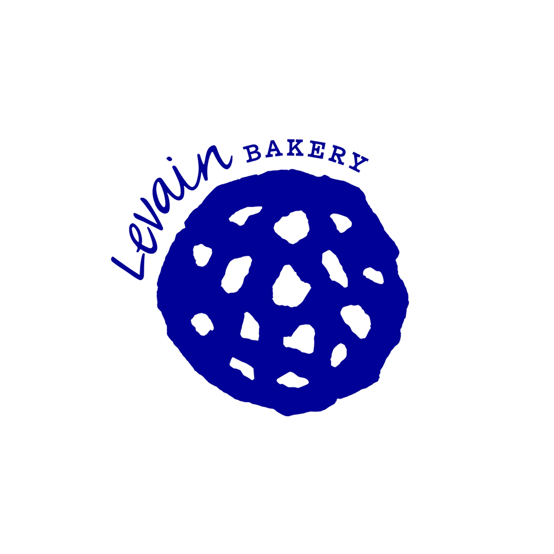 Blue outline of a cookie with the words Levain BAKERY in blue text curving above and beside it, on a white background.
