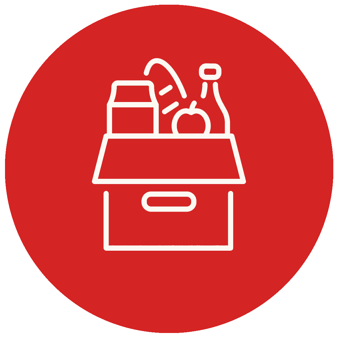 White line drawing of a box containing groceries like a bottle, carton, bread, and an apple, centered on a red circular background.