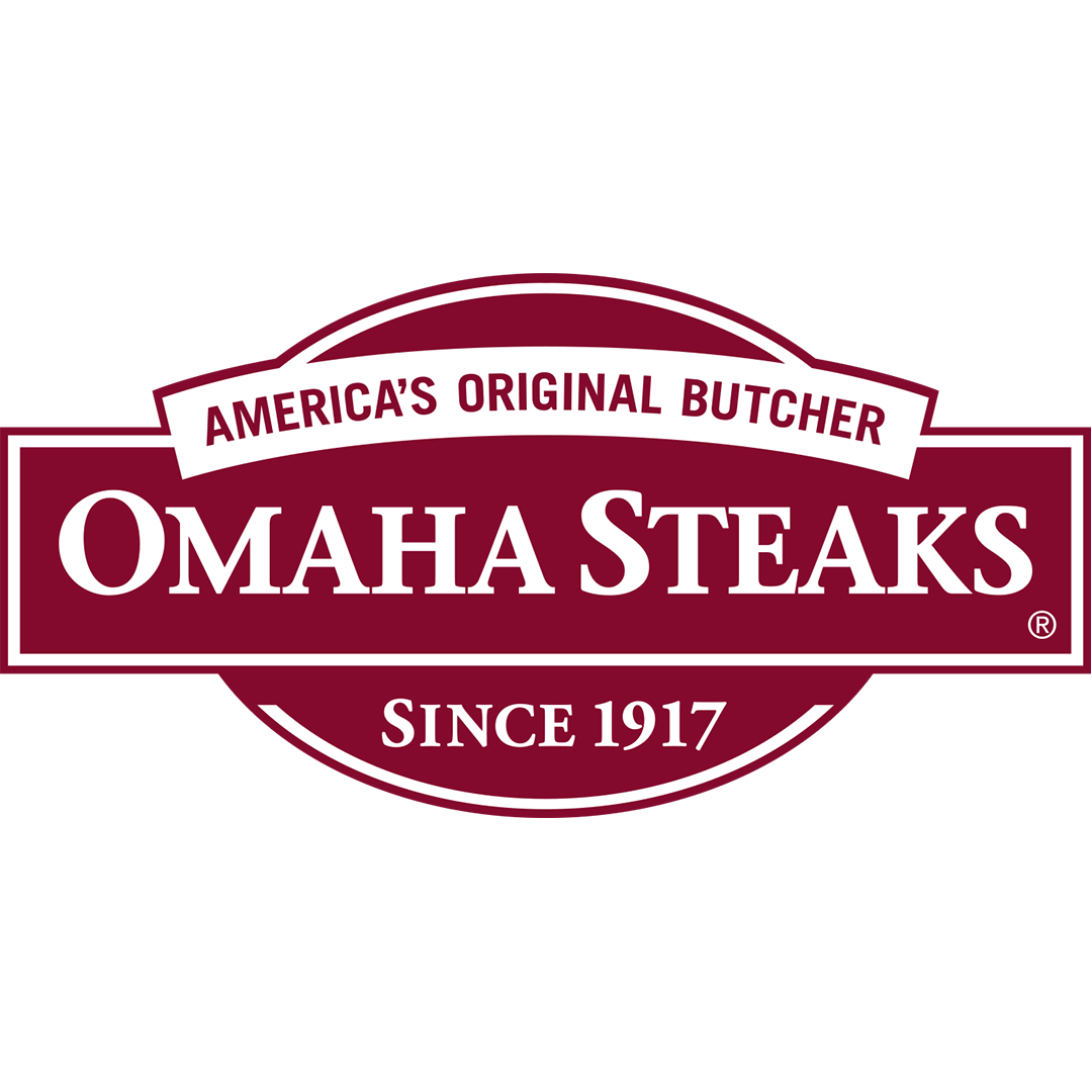 Omaha Steaks logo with maroon background. Text reads Americas Original Butcher, Omaha Steaks, and Since 1917..